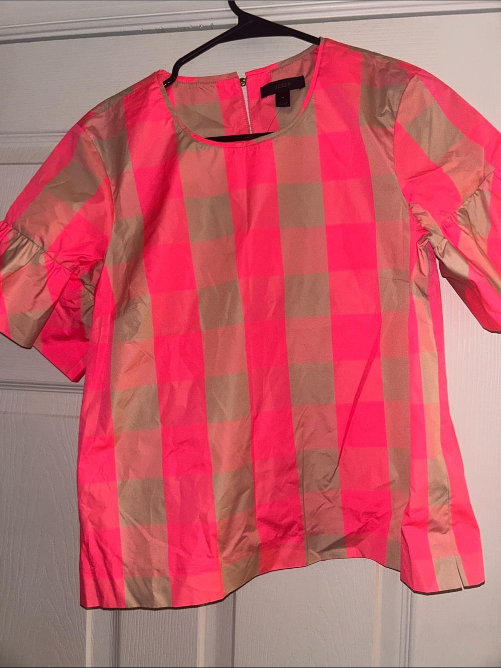 J. Crew Pink and Tan Gingham Short Sleeve Top
